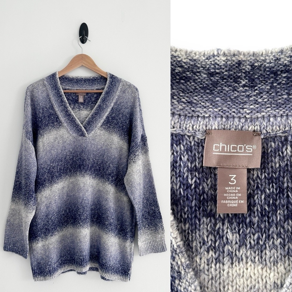 Chico's Women XL Purple Multi Sz 3 Cotton Blend V-Neck Long Sleeve Ombre Sweater
